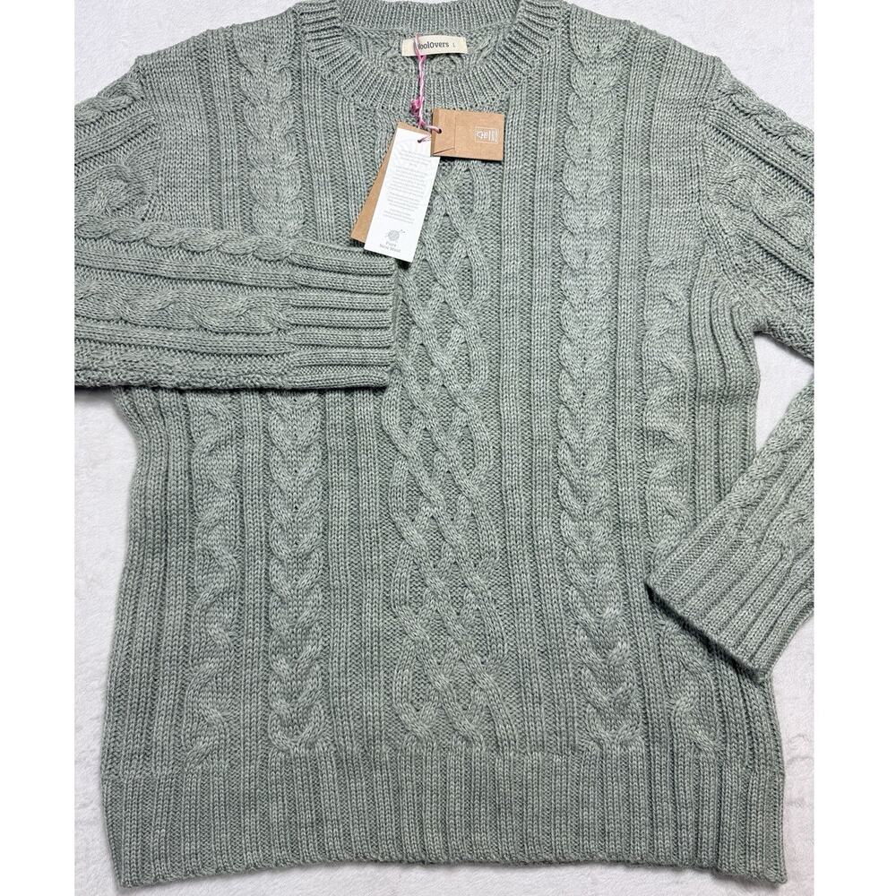 WoolOvers Pure Wool Aran Cable Knit Sweater Sage Green Fisherman Mens Sz Lg NWT